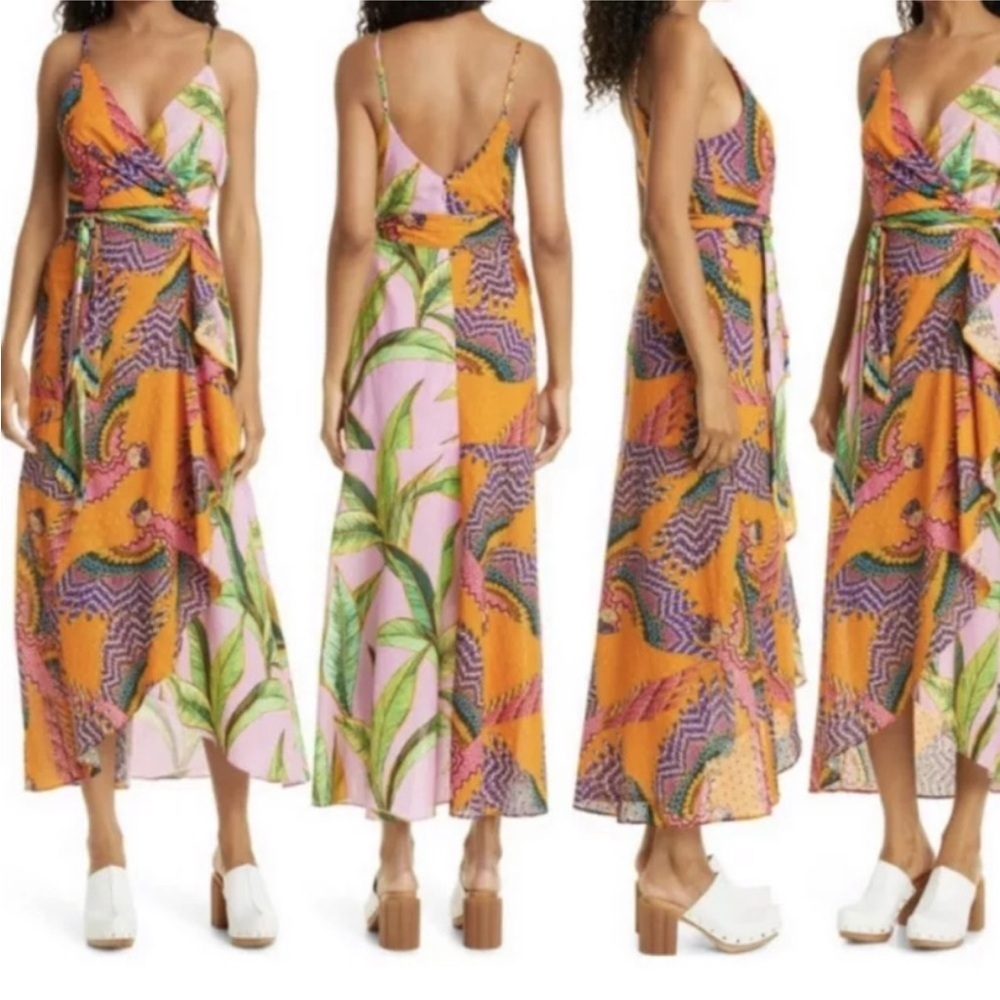 Farm Rio MIXED PRINTS MIDI WRAP DRESS  Sz MEDIUM BEADED MACAWS PINK FOLIAGE - Picture 2 of 15